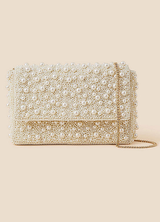 Accessorize Bridal Hand Embellished Pearl Foldover Clutch Bag Freemans