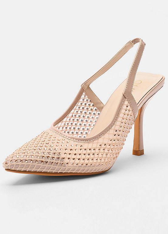 Quiz Nude Diamante Mesh Slingback Court Heels Freemans