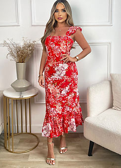 AX Paris Red Floral Printed Frill Strap Midi Dress