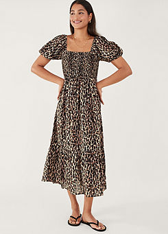 Accessorize Leopard Print Shirred Puff Sleeve Dress