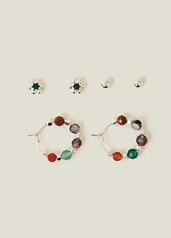 Accessorize Pack of 3 Sterling Silver Flower Studs & Hoops