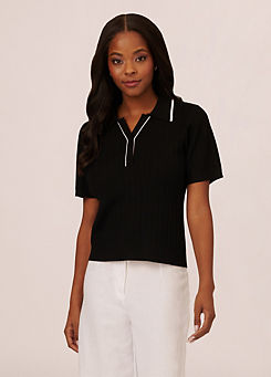 Adrianna Papell Pointelle Short Sleeve Tipped Polo