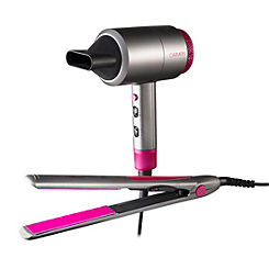 Carmen Neon C81181 Hair Dryer & Keratin-Infused Ceramic Straightener Gift Set - Neon Pink & Graphite Grey