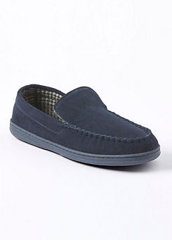 Cotton Traders Mens Navy Suede Check Lined Moccasin Slippers