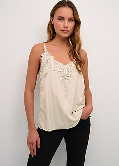 Cream Anna Singlet Thin Strap Top with Lace