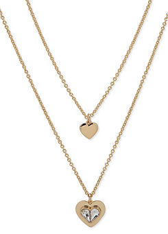 DKNY Crystal Double Heart Pendant in Gold Tone