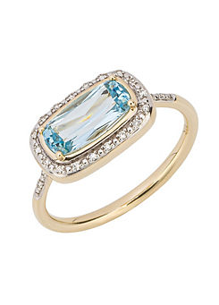 Elements Gold 9ct Gold Elongated Sky Blue Topaz & Diamond Surround Ring in Yellow Gold