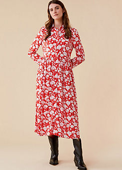 Finery Gala Midi Dress with High Neck in Red Floral Print