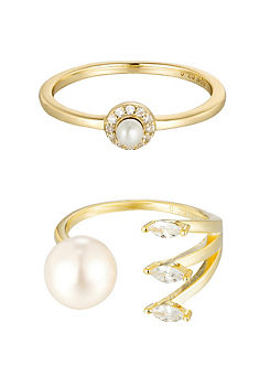 For You Collection 18Ct Gold Plated Cubic Zirconia Pearl And Triple Marquise Adjustable Ring Set