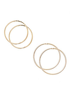 For You Collection Set of 2 9ct Solid Gold 14mm Polished & 12mm Diamond Cut Slim Tube Hoop Earrings