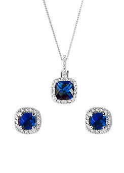 For You Collection Sterling Silver Blue Cubic Zirconia Cushion Cut Earring And Pendant Adjustable Necklace Set