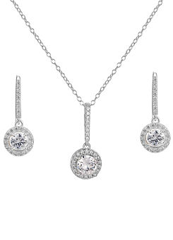 For You Collection Sterling Silver Hook Drop Halo CZ Earring And Pendant Adjustable Necklace Set