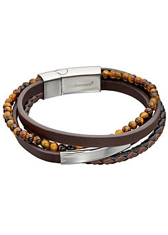 Fred Bennett Multi Row Recycled Brown Leather Bracelet with Stainless Steel ID Bar and Tigers Eye Beads