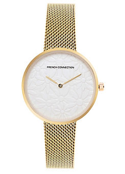 French Connection Ladies Gold Case & Mesh Strap Watch with White 3D Floral Dial