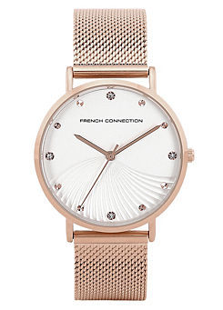 French Connection Ladies Gold Mesh Strap Watch with White Fan Textured Dial