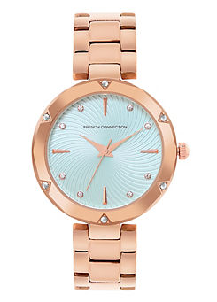 French Connection Ladies Rose Gold Bracelet Watch with Pale Blue Dial