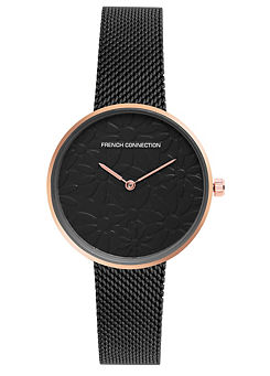 French Connection Ladies Rose Gold Case with Black Mesh Strap Watch with Black 3D Floral Dial