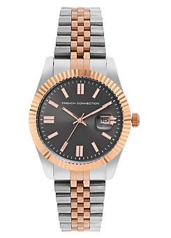 French Connection Men’s Silver & Rose Gold Bracelet Watch with Grey Dial
