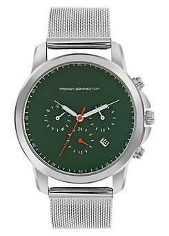 French Connection Men’s Silver Mesh Strap Watch with Green Multi Dial