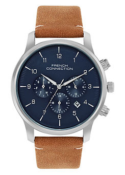 French Connection Men’s Tan Strap Watch with Blue Multi Dial