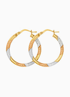 Gorgeous Gold 9ct 3 Col Diamond Cut 24mm Hoop Creole Earrings