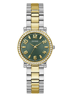 Guess Ladies Polished Silver Case, Sunray Green Dial with Polished Silver And Gold Bracelet Watch