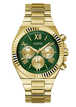 Guess Men’s Brushed Gold Case, Sunray Green Multi Function Dial Brushed And Polished Gold Bracelet Watch