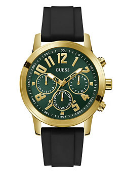 Guess Men’s Gold Case - Sunray Green Multi Function Dial with Black Silicone Strap Watch