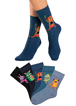 H.I.S Pack of 5 Monster Motif High Socks