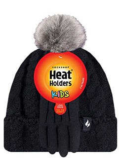 Heat Holders Kids Glacier Peak Cable Hat With Pom Pom & Gloves