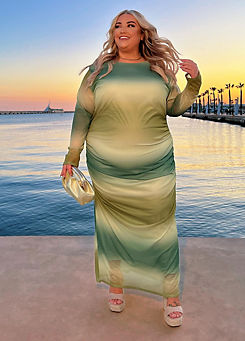 In The Style x Green Printed Ombre Mesh Long Sleeve Maxi Dress