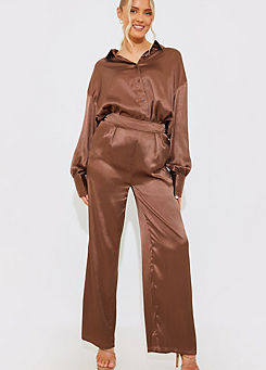 In The Style x Satin Wide Leg Trousers Co-Ord in Mocha