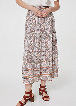Izabel London Multi Beige Printed Drawstring Waist Maxi Skirt