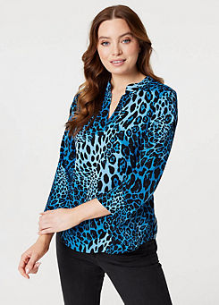 Izabel London Multi Blue Leopard Print Collarless Blouse