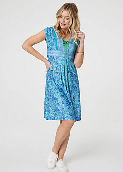 Izabel London Multi Green Floral Tie Front Sleeveless Tunic Dress