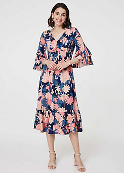 Izabel London Multi Navy Floral Three-Quarter Sleeve Ruffled Midi Dress