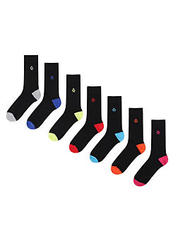 Jeff Banks Mens Pack of 7 Black with Colour Heel & Toe Socks
