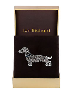 Jon Richard Rhodium Plated Hematite Sausage Dog Brooch - Gift Boxed