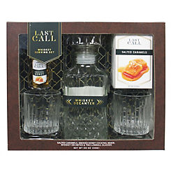 Last Call Whiskey Serving Set - Decanter 2 x Lowball Glasses Honey Mixer & Salted Caramels