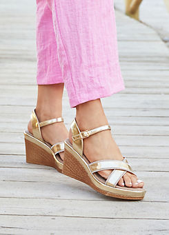 Linzi Joslyn Gold Faux Leather Wedge With Diamante Crossover Front Straps