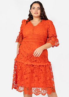 Lovedrobe Luxe Orange Puff Lace Midi Dress with Puff Sleeve