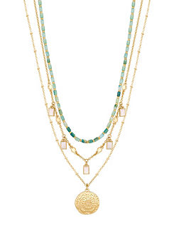 MOOD By Jon Richard Pack of 3 Gold Blue Coastal Bead and Mother of Pearl Charm Layered Necklaces