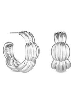 MOOD By Jon Richard Recycled Silver Polished Tapered Ribbed Hoop Earrings