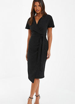 Quiz Black Glitter Jersey Wrap Midi Dress with Angel Sleeves