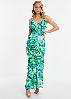 Quiz Blue Floral Chiffon Strappy Maxi Dress with Frill Detail