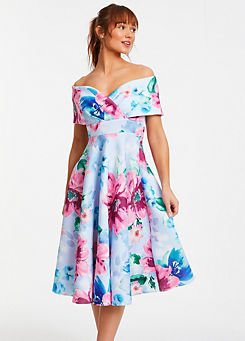 Quiz Blue and Pink Floral Scuba Bardot Midi Dress
