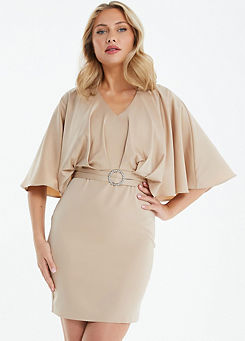 Quiz Champagne Satin Mini Dress with Batwing & Diamante Buckle Detail