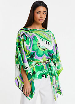 Quiz Green & Lilac Satin Paisley Print Batwing Top with Woven Chain Belt