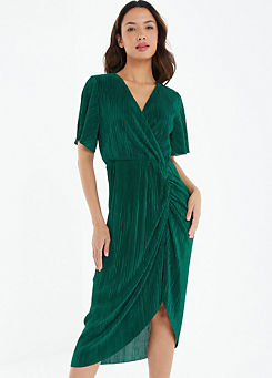Quiz Green Plisse Wrap Midi Dress