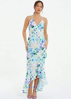 Quiz Multi Floral Crepe Strappy Midi Dress with Frill Detail